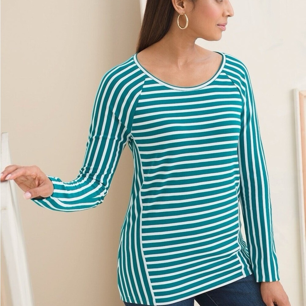 Chico's Teal and White Striped Long Sleeve Top Size 1/ woman’s Medium!